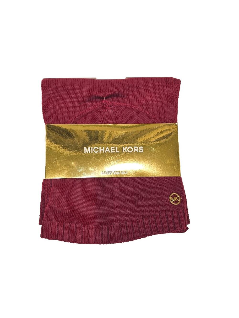MICHAEL KORS WOMEN CLASSIC RIB SCARF HAT BELLY BAND SET DEEP FUCHSIA COLOR
